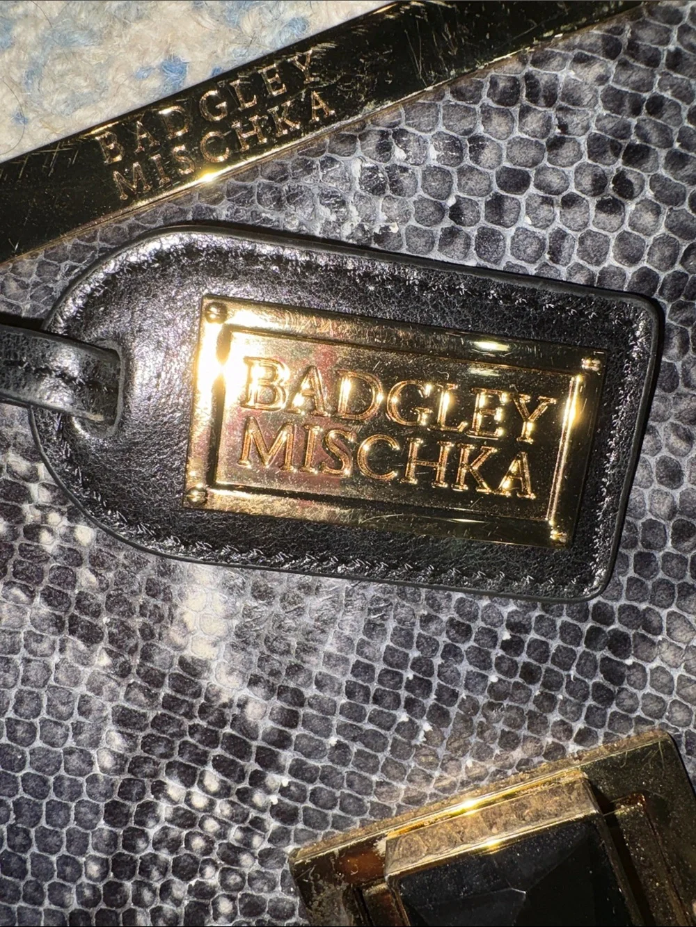 Black Leather and Gray Snake-Print Top Handle Bag
